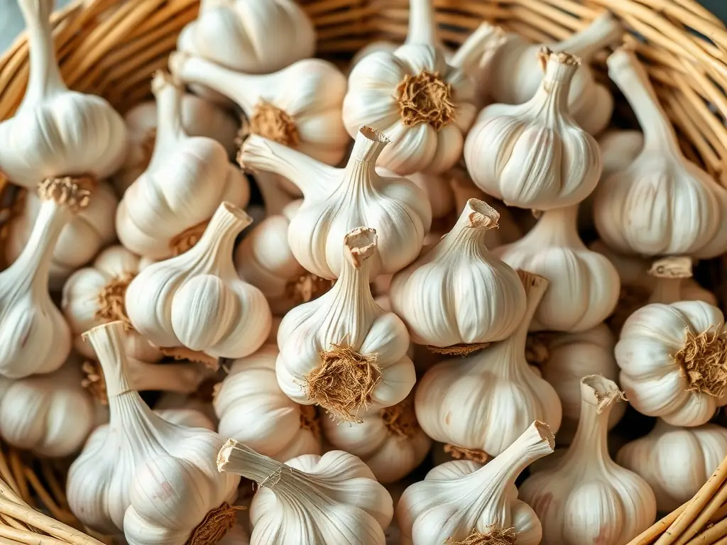 A close-up shot of Silverskin garlic bulbs, known for their long storage life and mild flavor, arranged in a woven basket.