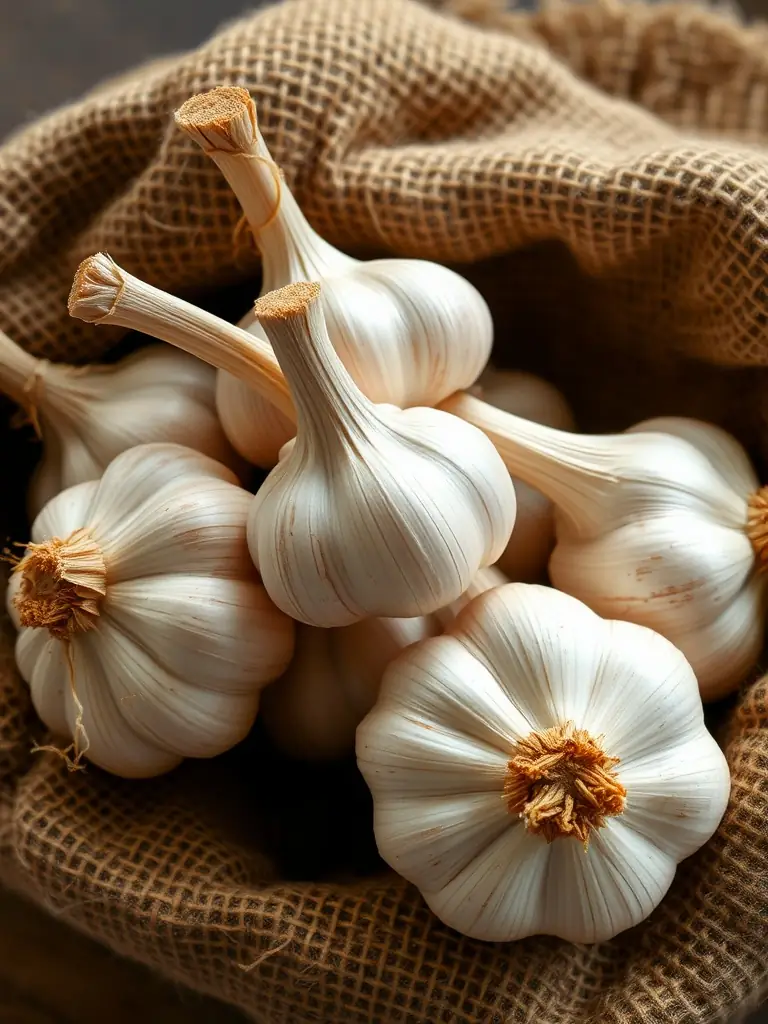 A detailed photo of 'Inchelium Red' garlic, showing its pinkish-red cloves and delicate flavor profile, suitable for roasting and culinary use, placed on a bed of straw.