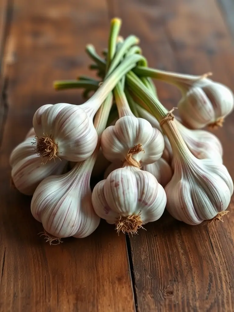A close-up shot of a 'Music' garlic bulb, showcasing its large cloves and tight skin, ideal for planting in northern climates, set against a blurred background of a garlic field.