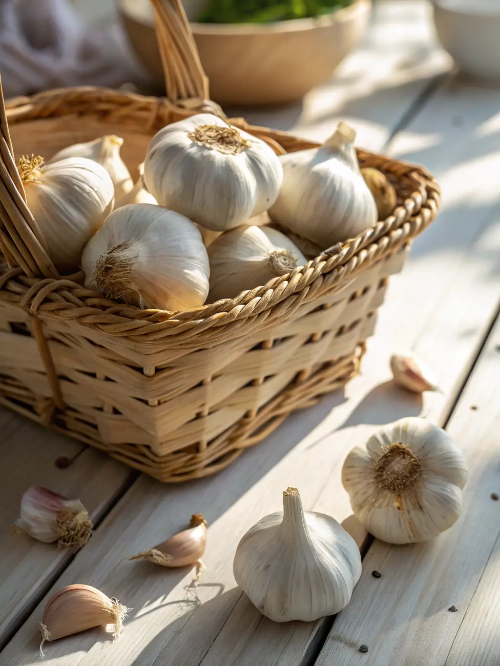 An image of 'California Early' garlic, emphasizing its white cloves and early harvest time, ideal for warmer climates, presented in a woven basket.