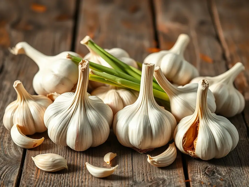 An image displaying Porcelain garlic bulbs, known for their large cloves and strong, spicy flavor, set against a backdrop of a lush green garden.