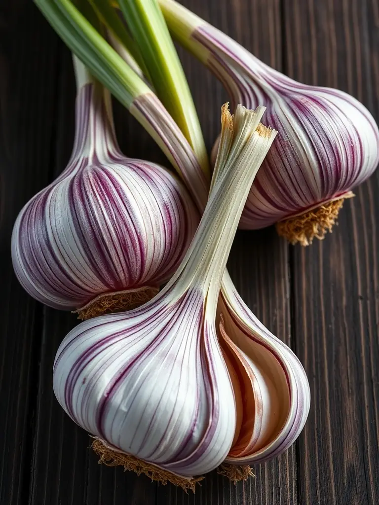 A vibrant image of 'German Extra Hardy' garlic, highlighting its purple-striped cloves and robust size, perfect for cold weather planting, displayed on a rustic wooden surface.