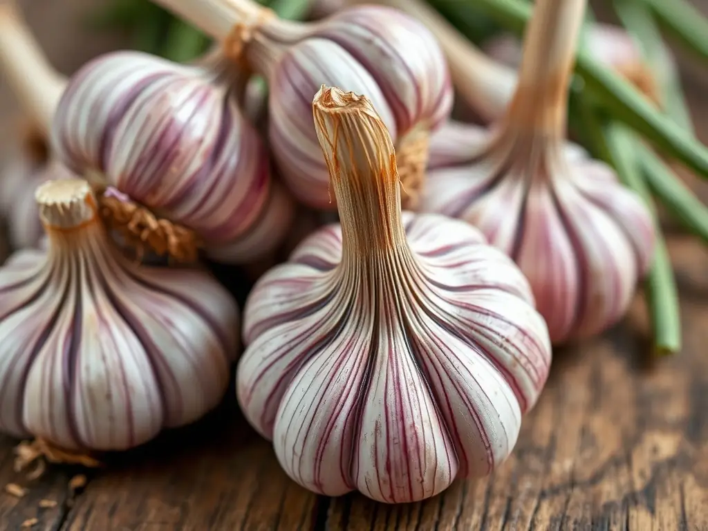 A vibrant photograph showcasing a collection of Rocambole garlic bulbs, known for their rich flavor and easy-to-peel cloves, displayed on a rustic wooden table.